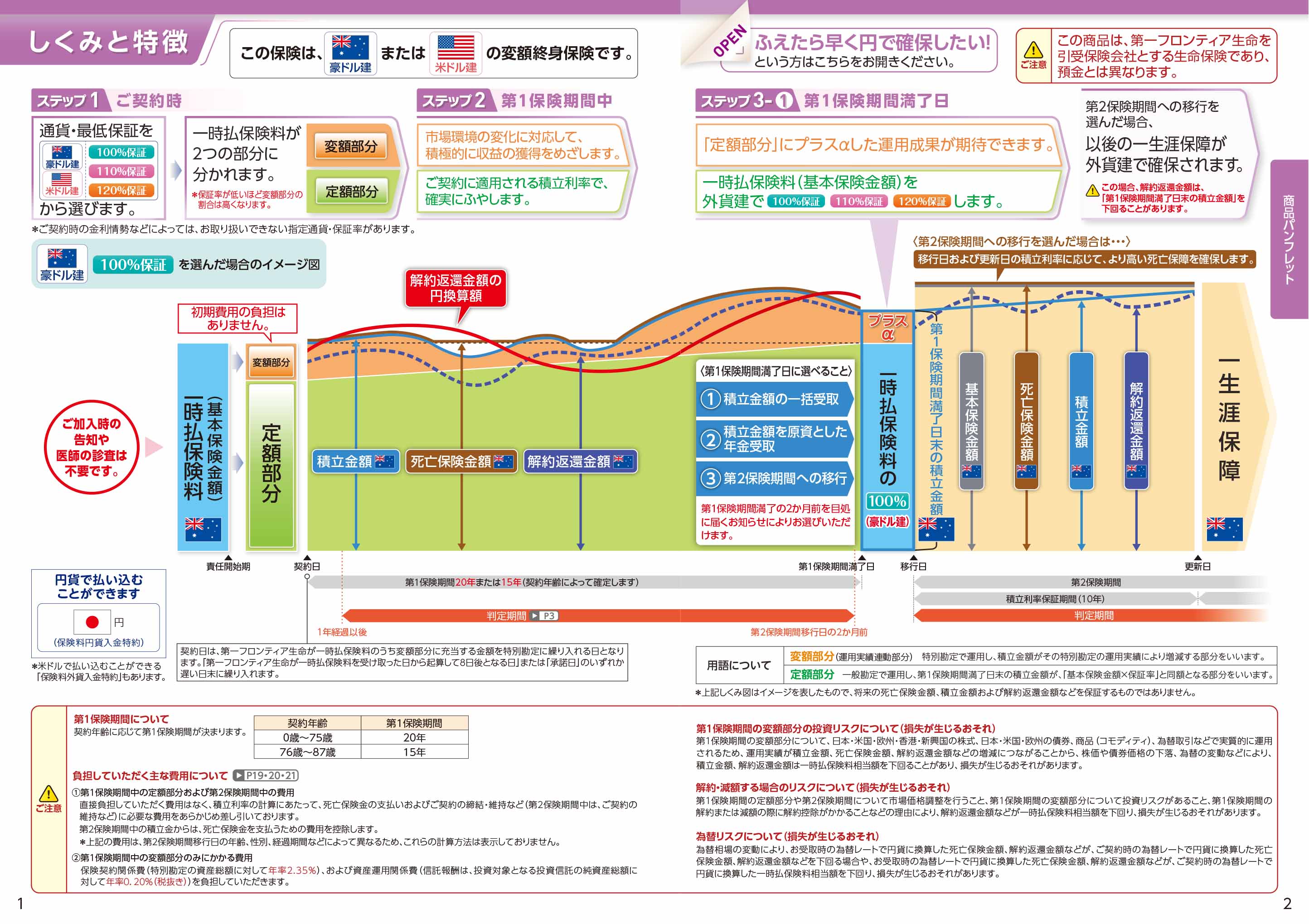 プレミアジャンプ 終身 外貨建 積立利率変動型定額部分付変額終身保険 通貨指定型 電子パンフレット 保険商品一覧 第一フロンティア生命